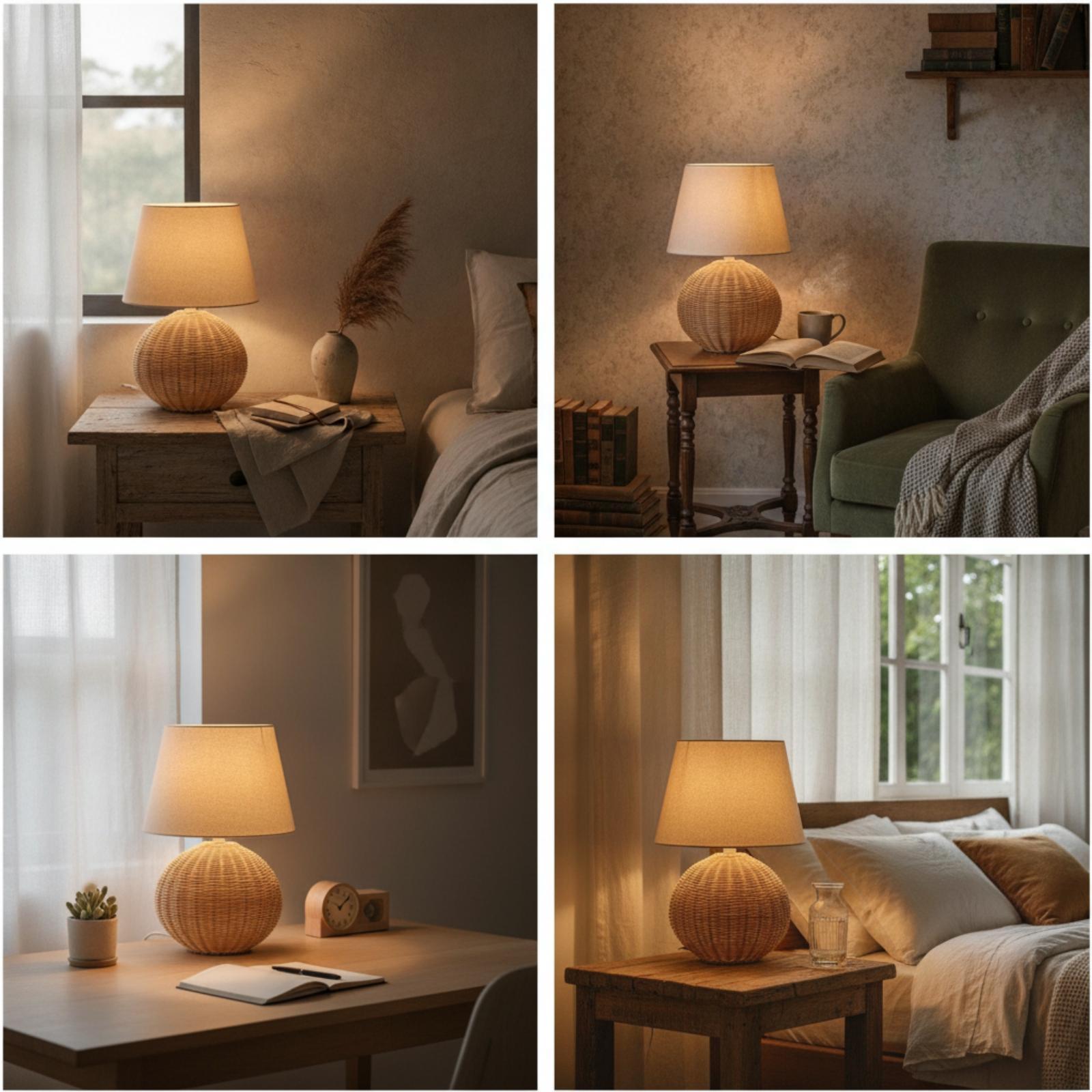 Bedside Lamp Rattan Base Fabri - Lighting Decor Bedroom ulasan dan harga